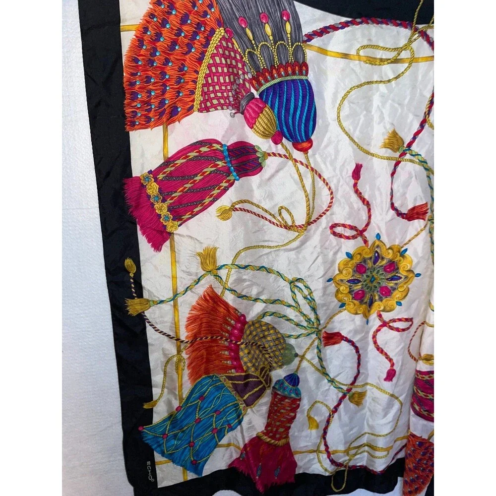 Stunning vintage echo silk scarf Colorful Exotic Tassel pattern 34x34